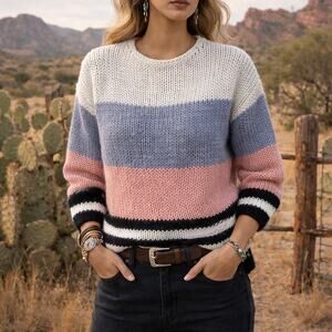 Women's Lucky Brand Color block long sleeve Knit sweater scoop neck s M Western